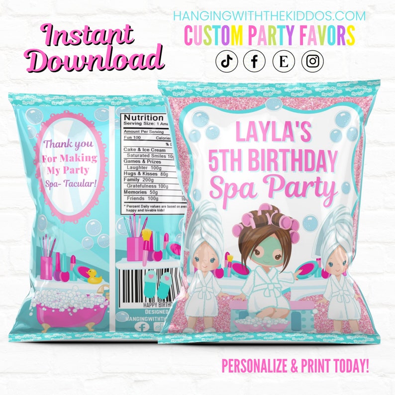Tween Spa Party Turquoise Favors Chip Bags1st Birthday Favors Slumber Party Pajama PartyPersonalized Party Favors Chip Bags image 9