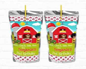 Farm Birthday Drink Pouches Personalize Label Template |Barnyard Party   | Black Farmers Barnyard