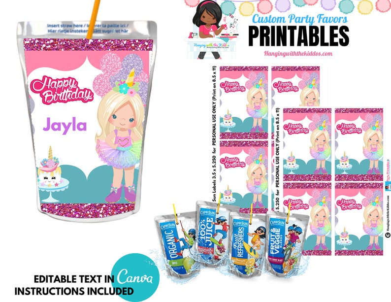 unicorn birthday party chip bag template pesonalized