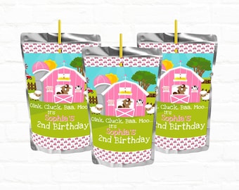 Pink Barnyard Birthday Party Customizable Juice Pouch Labels|Farm Birthday Party Favor