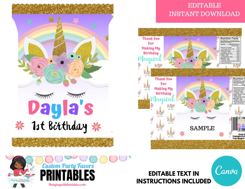 unicorn birthday party chip bag template pesonalized