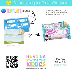 K&ouml;nnte beinhalten: Ein Mockup einer Geburtstag Krispies Treat Wrapper-Vorlage mit einem fertigen Mermaid Treats Wrapper. Die Vorlage ist blau mit wei&szlig;en Wolken und gr&uuml;nem Gras. Der Mermaid Treats Wrapper ist t&uuml;rkis und rosa mit einer Meerjungfrau-Grafik.