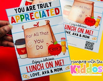 Teacher Gift Card Holder Printable | Lunch on Me, Appreciation Gift (Digital Download)