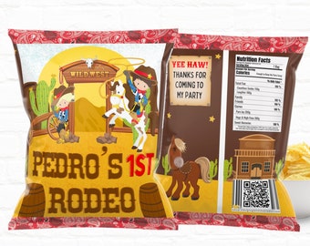 Cowboy Party Favors Custom Chip Bags| First Rodeo| Western Cowboy Editable Chip Bag |1st Birthday Favors