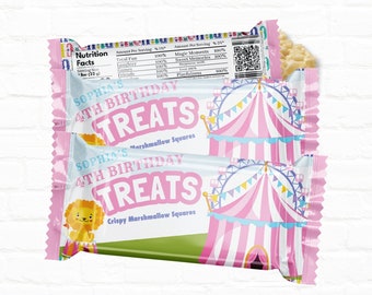 Pink Circus Party Customizable Krispy Treat Wrapper| Carnival Birthday Party Favor