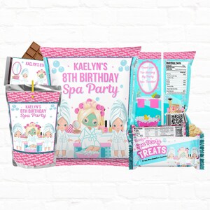 Bundle Spa Party Customizable Party Favors Chip Bag template Rice Krispy Wrapper Juice Pouch Labels Chocolate Candy Bar Wrappers 03 image 1