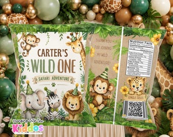 Wild One Chip Bag Template | Safari Birthday Party Favor | Editable Jungle Snack Bag | First Birthday Decor | Corjl Download