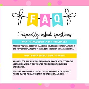 Puede incluir: Un gr&aacute;fico colorido con las letras "FAQ" en un dise&ntilde;o de banner. El texto dice "Preguntas frecuentes" y proporciona informaci&oacute;n sobre una plantilla de libro para colorear y una plantilla para topper de bolsa, incluidas recomendaciones de papel.