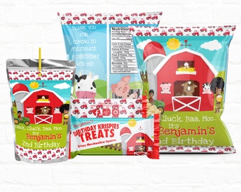 Barnyard Birthday  Custom Party Favors Party Package | 1st Birthday Favors Chip Bags- Rice Krispy Treats-Drink Pouches Labels|Black Farmers
