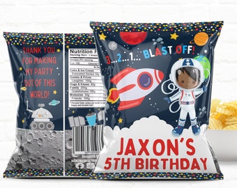 Little Space Birthday Personalized Party Favor Chip Bags African American Boy Astronaut| Outer Space Goodie Bags| 1st Birthday Favors