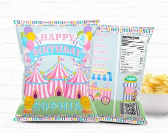 Pink Circus Party Favors Custom Chip Bags|Carnival Birthday Chip Bag Template