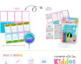 Może przedstawiać: Kolorowy projekt mini składanej kolorowanki i nakładki na torbę. Projekt zawiera szablony, grafikę balonu Canva i przykłady gotowych produktów. Tekst zawiera "Happy Birthday" i "Hanging with the Kiddos".
