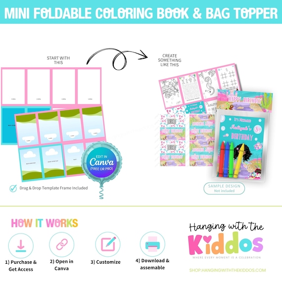 Blank Mini Coloring Book & Bag Topper Foldable Template, Editable Canva Template, DIY Party Favor, Customizable Kids Activity Book
