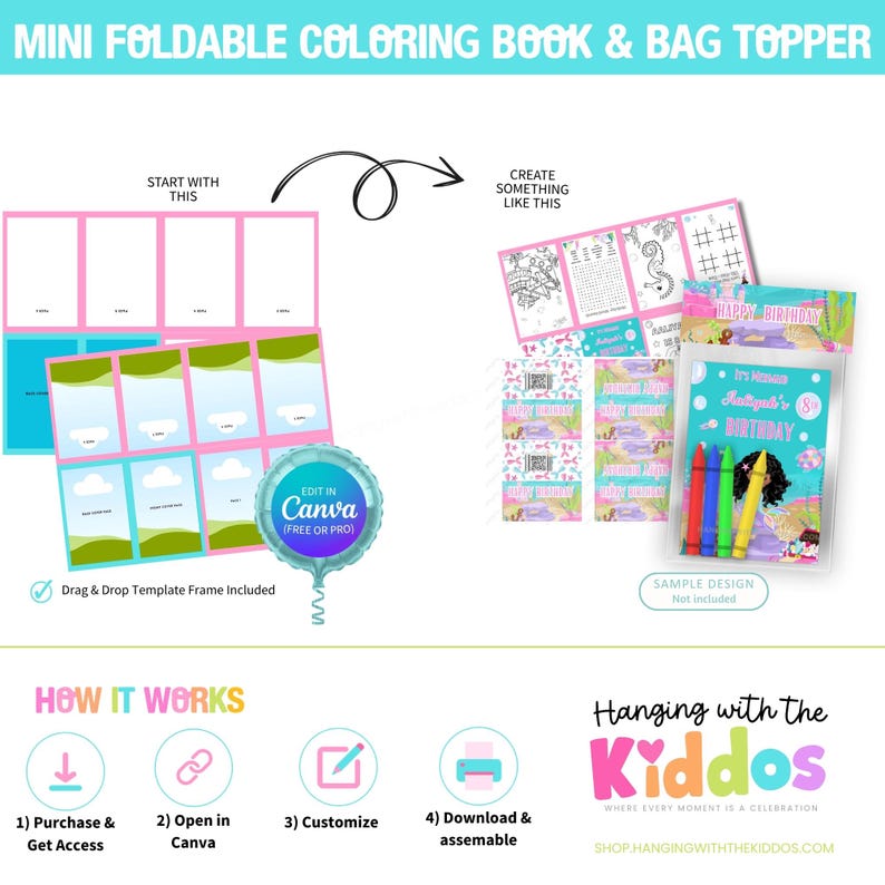 Puede incluir: Un dise&ntilde;o colorido para un mini libro para colorear plegable y un adorno para bolsa. El dise&ntilde;o incluye plantillas, un gr&aacute;fico de globo Canva y ejemplos de productos terminados. El texto incluye "Happy Birthday" y "Hanging with the Kiddos".