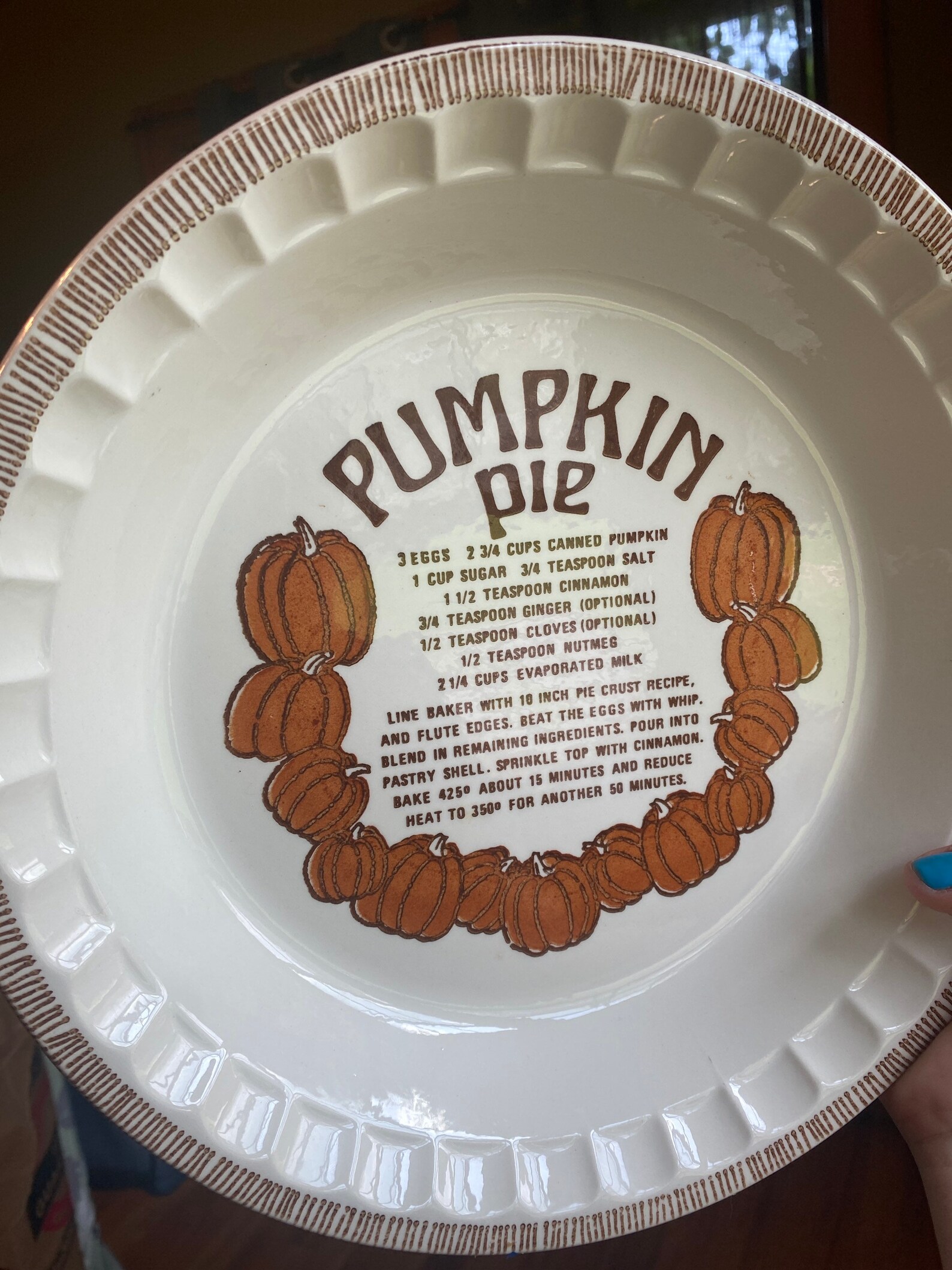 Pumpkin pie dish with recipe Vintage Ceramic pie plate made Etsy
