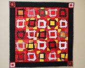 ON SALE Vibrant Red, Yellow, Black Handmade Patchwork Wall Hanging, Wall Art, Lap Quilt, Sofa Throw, Modern Version of Churn Dash Block