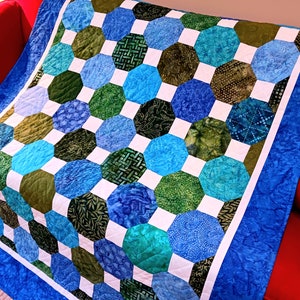 PRICE REDUCED Beautiful Blue Green Batik Patchwork Snowball Throw Quilt, Quilted Sofa Throw, Bed Coverlet, Lap Quilt, Handmade Batik Quilt
