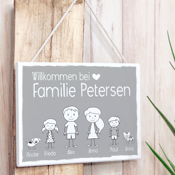 Türschild Familie | Familienschild | Namensschild aus Holz | Abbildung Deiner Familie mit Namen