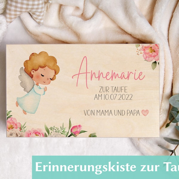 Taufgeschenk Mädchen | Erinnerungskiste zur Taufe, Engel-Motiv | personalisiert, Holzkiste mit Wunschnamen | Geschenk Baby