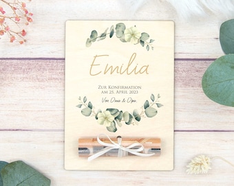 Gift of money for confirmation, personalized gift card with eucalyptus