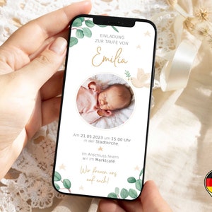 Convite para o batismo | Digitais | Cartão de batismo | com foto | personalizado | Para enviar via WhatsApp | eucalipto