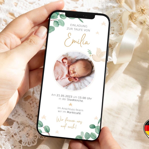 Einladung zur Taufe | Digital | Taufkarte | mit Foto | personalisiert | Zum Versenden per WhatsApp | Eukalyptus