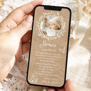 Einladung zur Taufe | Digital | Taufeinladung mit Foto | Taufkarte personalisiert | Zum Versenden per WhatsApp | Eukalyptus