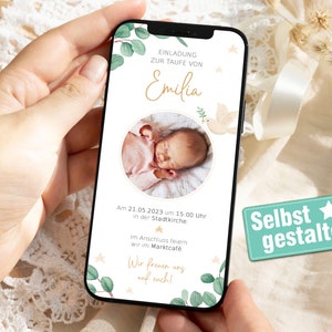 Einladung zur Taufe | Digital | Taufkarte | mit Foto | personalisiert | Zum Versenden per WhatsApp | Eukalyptus