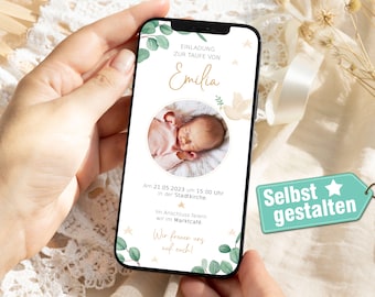 Einladung zur Taufe | Digital | Taufkarte | mit Foto | personalisiert | Zum Versenden per WhatsApp | Eukalyptus