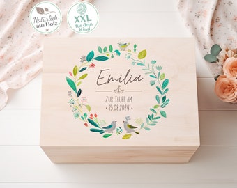 Erinnerungsbox zur Taufe, Personalisiert mit Name - Blumen & Vögel - Geschenk zur Taufe Aufbewahrung für Kerze Geldgeschenk Kirchenheft