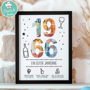 Könnte beinhalten: Schwarz gerahmter Druck mit der Jahreszahl "1966", gefüllt mit bunten Banknoten. Der Druck enthält Wein-Illustrationen und den Text "EIN GUTER JAHRGANG".