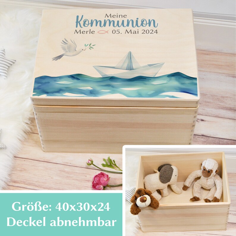 Kommunion Erinnerungskiste mit Namen, Personalisiertes Geschenk zur Erstkommunion Aufbewahrung für Kerze, Gebetsbuch und mehr 40 x 30 x 23 cm