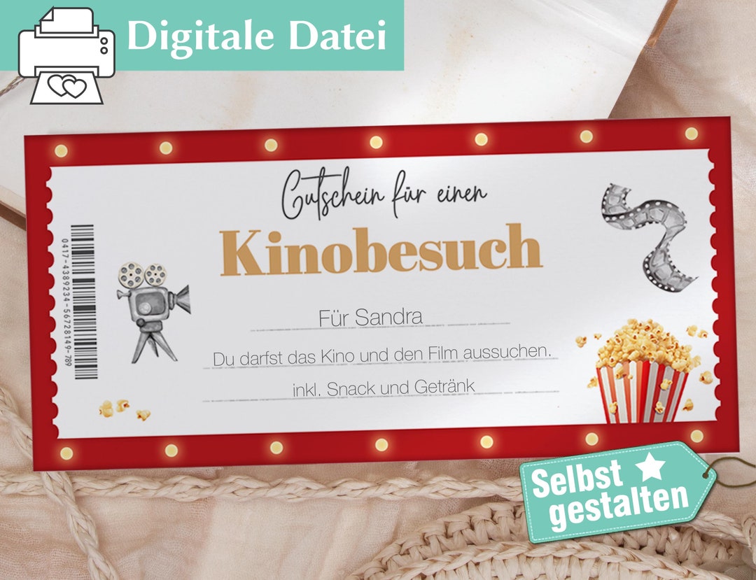 Kinogutschein Personalisierter Gutschein Geschenkgutschein Vorlage