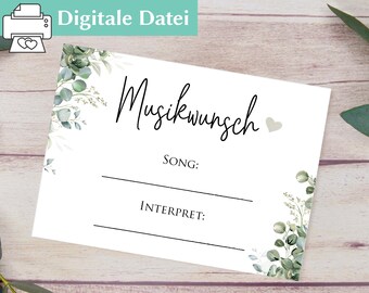 Musikkarten zur Hochzeit | Song wünschen Hochzeit | Hochzeit must have | Wunschmusik | Digitale Datei zum ausdrucken | Eukalyptus Motiv