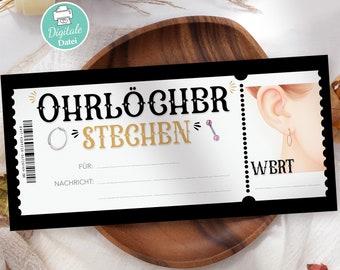 Ohrlöcher stechen Gutschein Vorlage PDF Ohrpiercing Ohrringe Vorlage zum Ausdrucken Ohrenpiercing Bearbeitbare Gutscheine Download