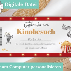 Gutschein Kino Geschenkgutschein Vorlage Personalisierter Gutschein zum ausdrucken Kinogutschein Kino Einladung personalisiert image 3