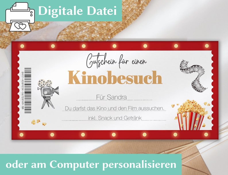 Gutschein Kino Geschenkgutschein Vorlage Personalisierter Gutschein zum ausdrucken Kinogutschein Kino Einladung personalisiert image 3