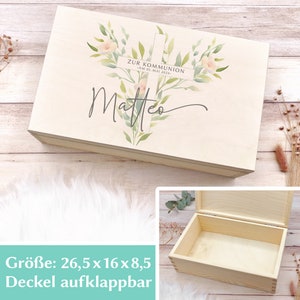 Personalisierte Kommunion Erinnerungskiste Kreuz & Blumen Geschenk zur Erstkommunion Aufbewahrung für Kerze, Gebetsbuch, Geldgeschenk 26,5 x 16 x 8,5 cm