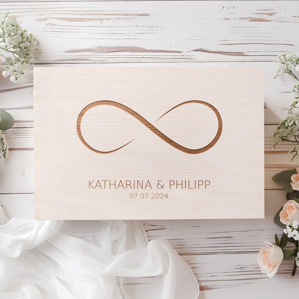 Erinnerungsbox zur Hochzeit, Hochzeitskiste aus Holz mit Unendlichkeitszeichen das besondere Hochzeitsgeschenk
