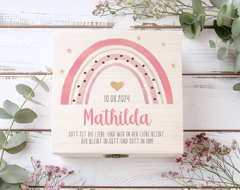 Caja de regalo de bautismo, caja de madera personalizada como regalo de bautismo para niños y niñas con arcoiris y nombre