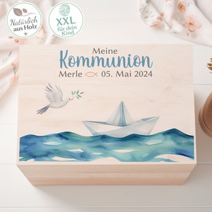 Kommunion Erinnerungskiste mit Namen, Personalisiertes Geschenk zur Erstkommunion Aufbewahrung für Kerze, Gebetsbuch und mehr Bild 3