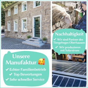 May include: A stone building with a green door and multiple windows. The image includes text that says "Unsere Manufaktur" and "Nachhaltigkeit". The image also shows a sheep being fed and a solar panel.