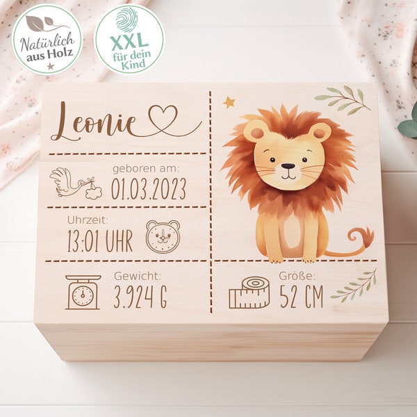 Erinnerungskiste Baby mit Löwe, Erinnerungsbox mit Name des Babys, Geschenkbox zur Taufe, Geschenk zur Geburt, Geschenk, Baby