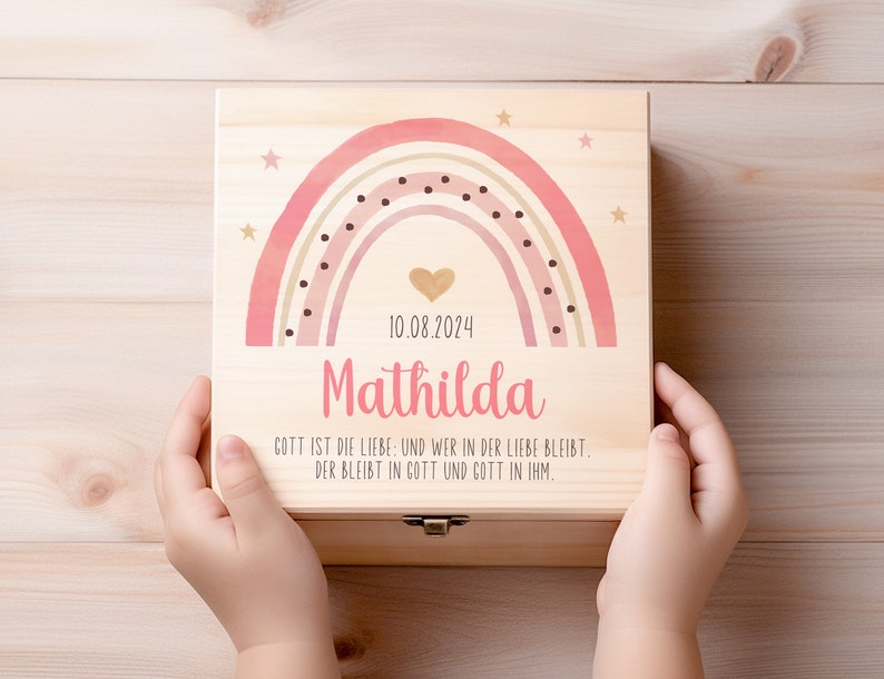 Taufe Geschenk Box, Personalisierte Holzbox als Taufgeschenk für Jungen und Mädchen mit Regenbogen und Name Bild 3