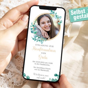Uitnodiging tot bevestiging | Digitaal | Bevestigingsuitnodiging | met foto | gepersonaliseerd | Te versturen via WhatsApp | eucalyptus
