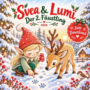 Pode incluir: Uma ilustração de inverno intitulada Svea & Lumi Der 2. Fäustling 2026 apresenta um elfo loiro com gorro vermelho e casaco verde apontando para pegadas na neve ao lado de um pequeno cervo. Um emblema vermelho contém o texto Zum Download.