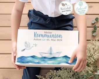 Boîte à souvenirs de communion avec nom, cadeau personnalisé de première communion - rangement pour bougie, livre de prières et plus encore