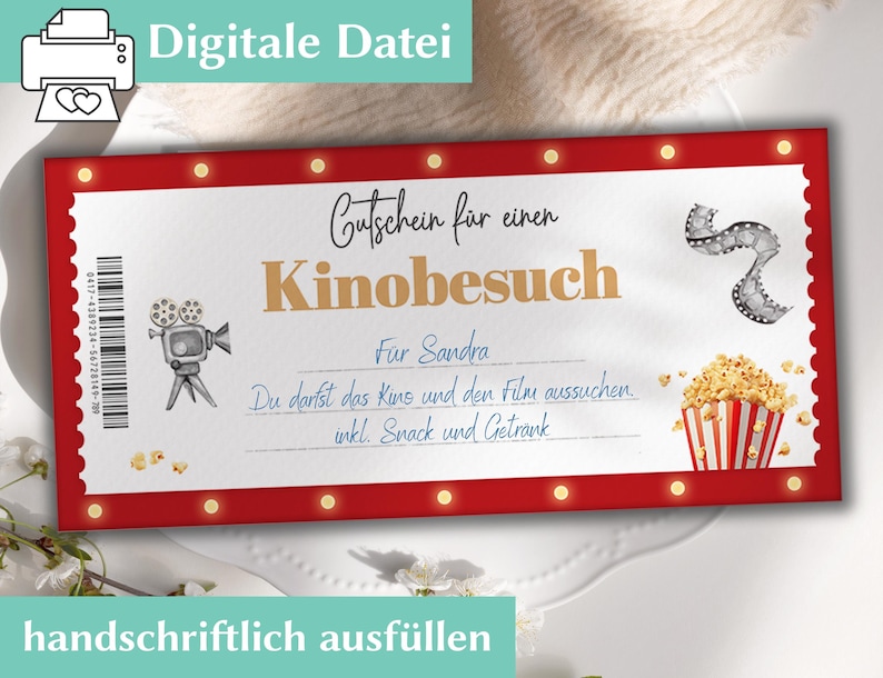 Gutschein Kino Geschenkgutschein Vorlage Personalisierter Gutschein zum ausdrucken Kinogutschein Kino Einladung personalisiert Bild 2