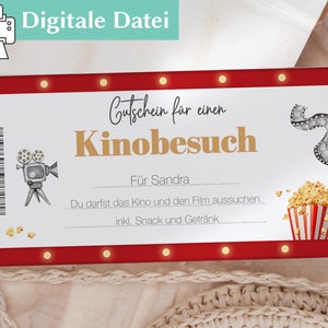 Gutschein Kino Geschenkgutschein Vorlage Personalisierter Gutschein zum ausdrucken Kinogutschein Kino Einladung personalisiert Bild 1