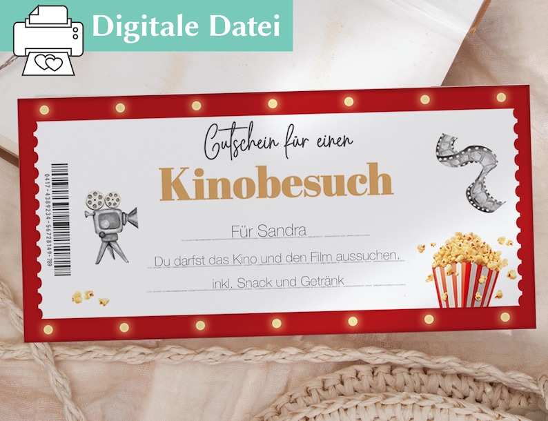 Gutschein Kino Geschenkgutschein Vorlage Personalisierter Gutschein zum ausdrucken Kinogutschein Kino Einladung personalisiert Bild 1